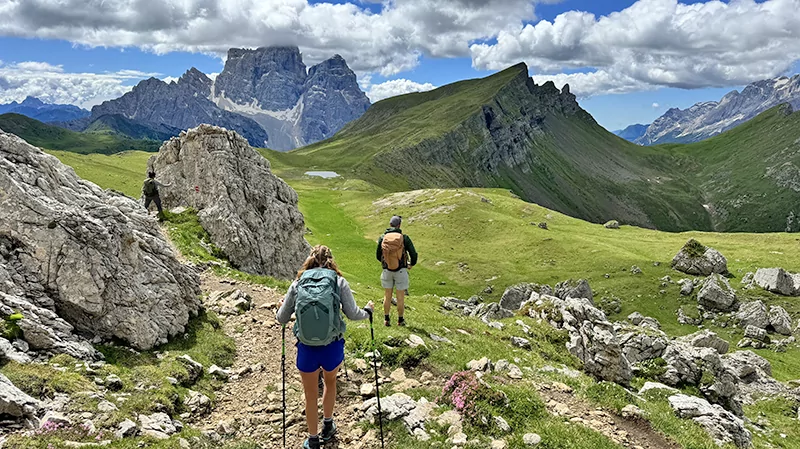 Hikers above treeline in the Italian Dolomites