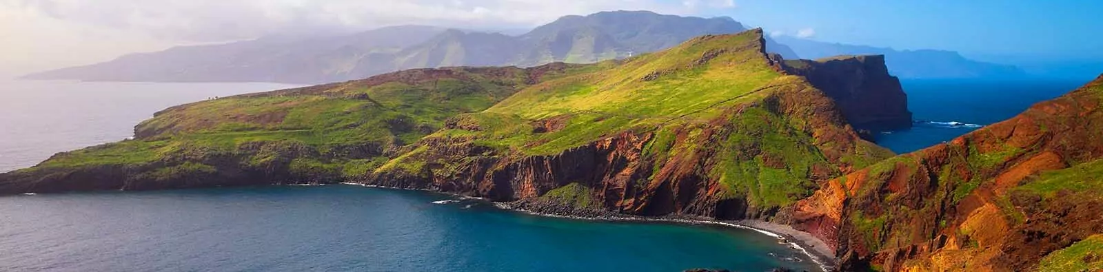 Ponta de Sao Lourenco peninsula with beautiful flowers in the foreground in the Madeira Islands, Portugal.